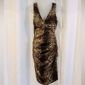 Gorgeous Vintage Cache V-Neck Dress 10 Leopard Animal Ruched Side